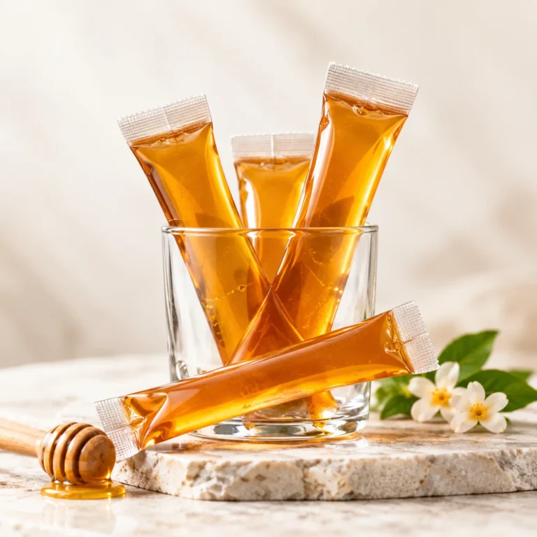 golden honey sachets in glass
