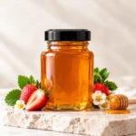premium honey jar with strawberries and flowers